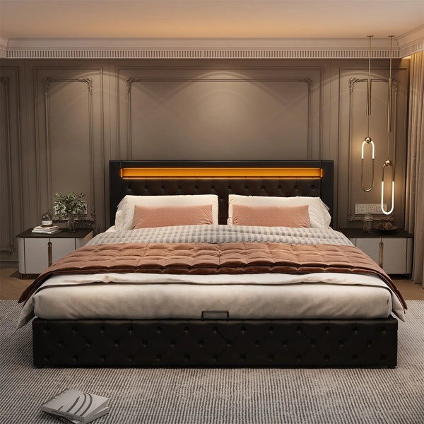 LEBO - Lit coffre 180x200 cm noir, tête rembourrée et éclairage LED