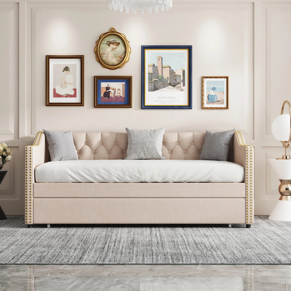 Canapé convertible ELVO en lin beige avec dossier capitonné et rivets