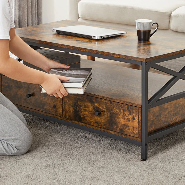 Compartiment de rangement ouvert sous le plateau de la table WERO – Espace pratique pour livres ou objets déco
