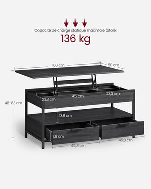 Dimensions complètes de la table basse VAGLE – largeur 100 cm, profondeur 50 cm, hauteur réglable de 48 à 63 cm
Schéma des dimensions de la table basse relevable VAGLE avec tiroirs