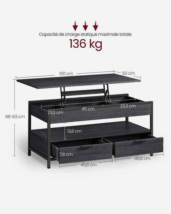 Dimensions complètes de la table basse VAGLE – largeur 100 cm, profondeur 50 cm, hauteur réglable de 48 à 63 cm
Schéma des dimensions de la table basse relevable VAGLE avec tiroirs