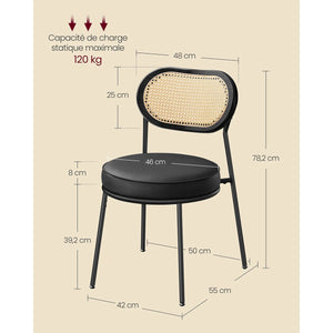 Dimensions complètes des chaises BOHO – hauteur totale 78,2 cm, assise 46 cm de diamètre, hauteur d’assise 47,2 cm