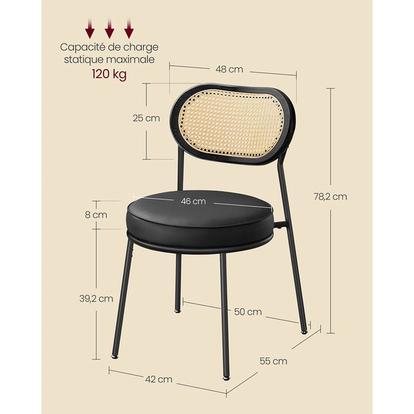 Dimensions complètes des chaises BOHO – hauteur totale 78,2 cm, assise 46 cm de diamètre, hauteur d’assise 47,2 cm