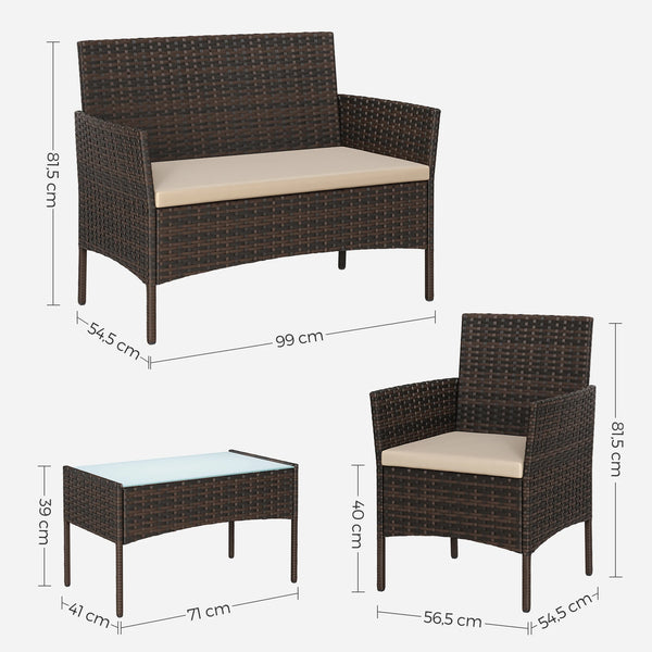 Dimensions complètes du salon de jardin PLOA – Fauteuils, canapé et table basse