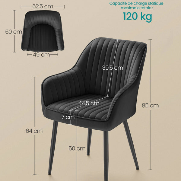 Dimensions de la chaise LUCO en velours avec pieds métal - Largeur 62,5 cm x Hauteur 85 cm