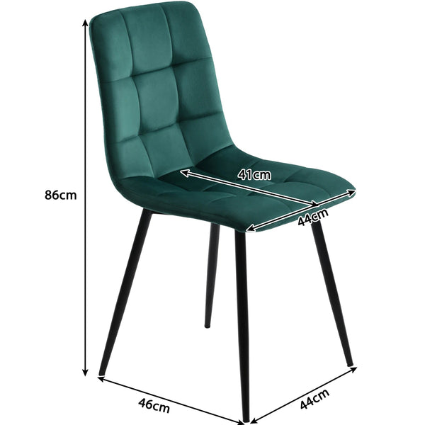 Dimensions des chaises UPHO en velours vert – hauteur 86 cm, assise 44 x 41 cm, dossier incurvé