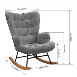Dimensions du fauteuil à bascule ROC en tissu gris – hauteur 92 cm, largeur 68 cm, profondeur 75 cm