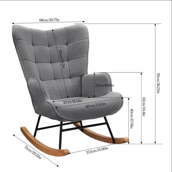 Dimensions du fauteuil à bascule ROC en tissu gris – hauteur 92 cm, largeur 68 cm, profondeur 75 cm