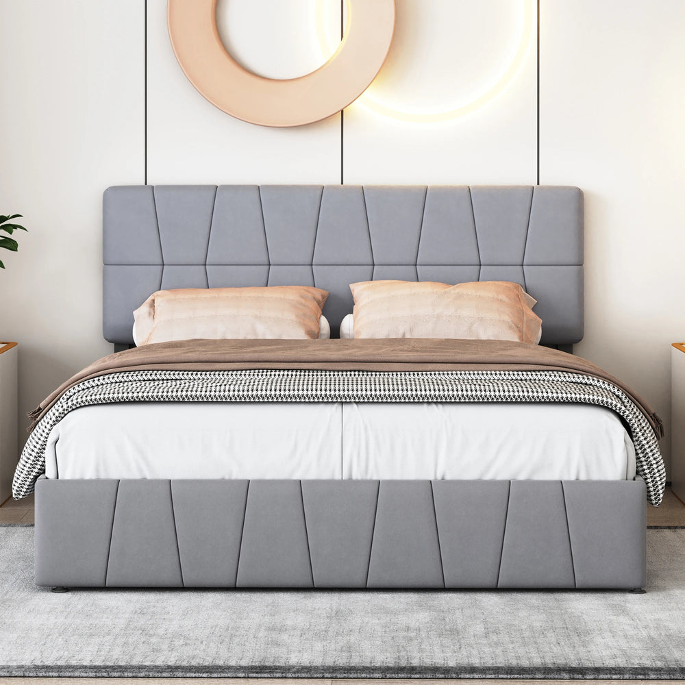 Lit double Luvio 140-160x200 cm en velours gris avec 4 tiroirs