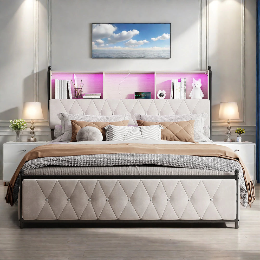 Lit double NARO en velours beige avec tiroirs et LED