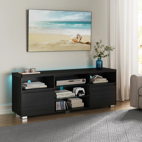 Meuble TV MATV en bois noir installé dans un salon moderne – Design élégant et fonctionnel