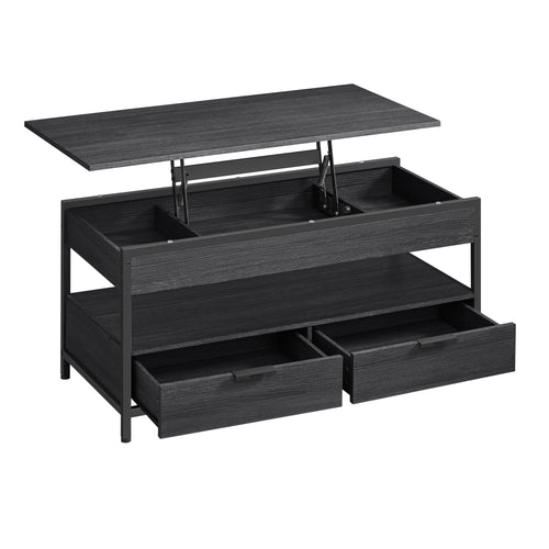 Meuble de salon bicolore avec structure noire et surface en bois clair – modèle relevable