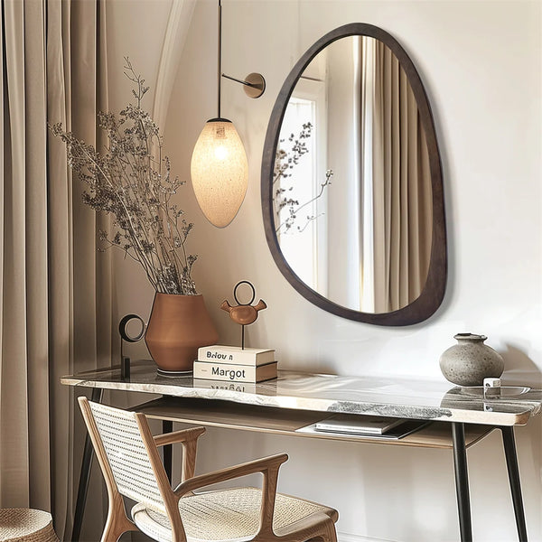 Miroir mural VELOR asymétrique avec cadre bois noyer – design moderne