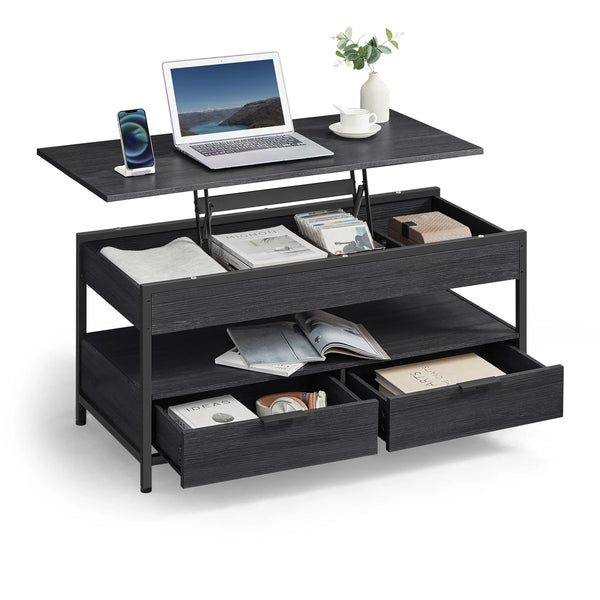 Plateau relevé de la table basse VAGLE avec compartiments visibles
