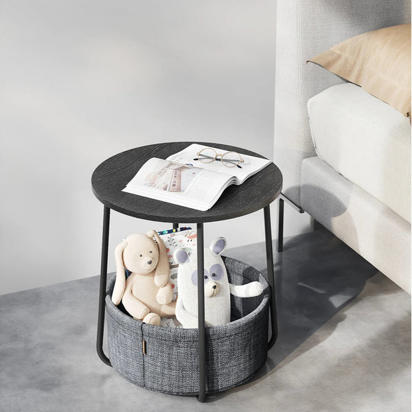 RAUO – Petite table basse ronde avec panier de rangement tissu, noir et gris