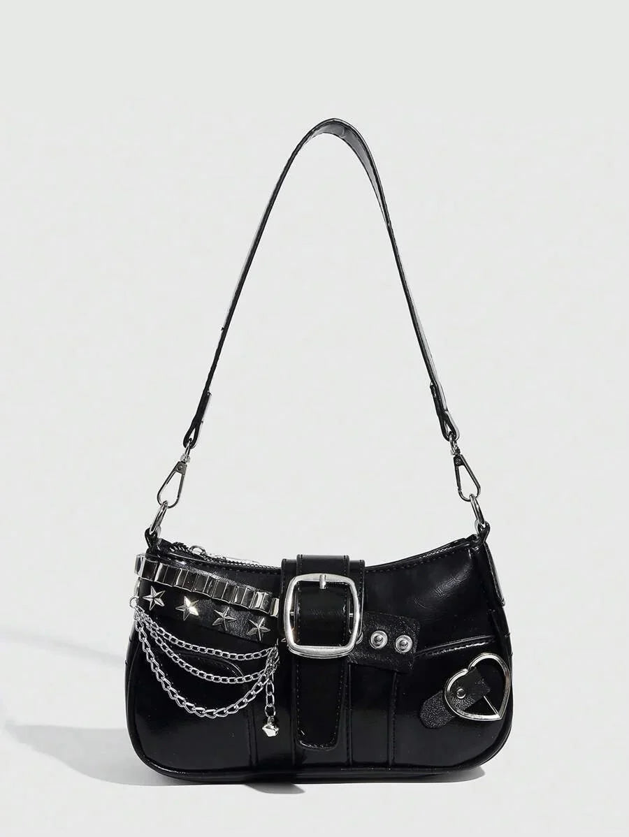 Sac à bandoulière avec chaine et motif en argenté noir