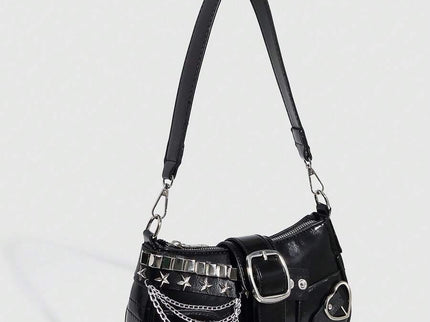 Sac à bandoulière avec chaine et motif en argenté noir vu de cote