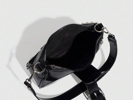 Sac à bandoulière avec chaine et motif en argenté noir vu de haut interieur sac fermeture eclair