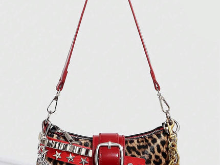 Sac à bandoulière avec chaine et motif en argenté rouge, leopard avec cerise et accessoire