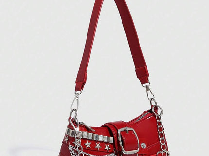 Sac à bandoulière avec chaine et motif en argenté rouge uni avec cerise vu de cote