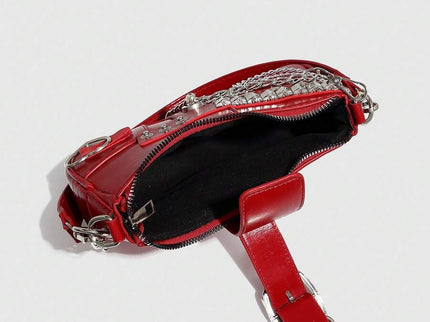 Sac à bandoulière avec chaine et motif en argenté rouge uni avec cerise vu dessus ouverture fermeture eclair interieur