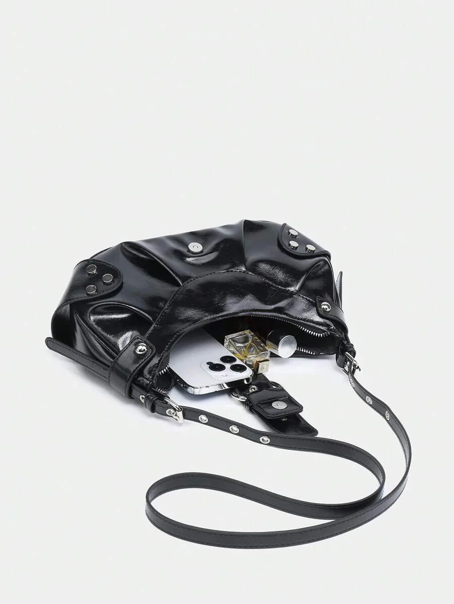 Sac en Simili Cuir a bandouliere pour femme noir cuir lisse detail affaire sac penche