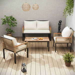 Salon MERA beige en disposition alternative avec table au centre – Aménagement d’espace détente extérieur