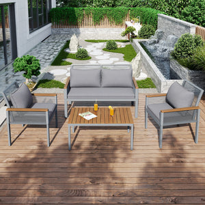 Salon MERA gris installé sur une terrasse en bois – Ensemble élégant pour extérieur moderne