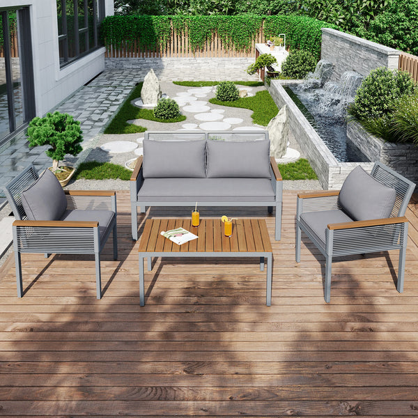 Salon MERA gris installé sur une terrasse en bois – Ensemble élégant pour extérieur moderne