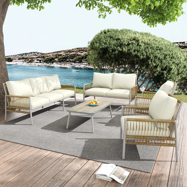 Salon ROBLE avec canapés, fauteuils et table basse – Mobilier extérieur moderne et lumineux