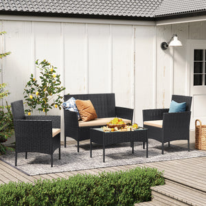 Salon de jardin PLOA 4 pièces en osier marron installé en extérieur – Ambiance terrasse naturelle