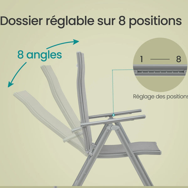 ERA - Chaise de jardin pliante avec dossier réglable 8 positions, cadre aluminium