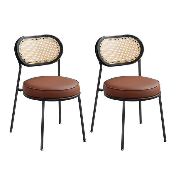 Set de 2 chaises BOHO en bois brun avec dossier en rotin tressé – vue produit sur fond blanc