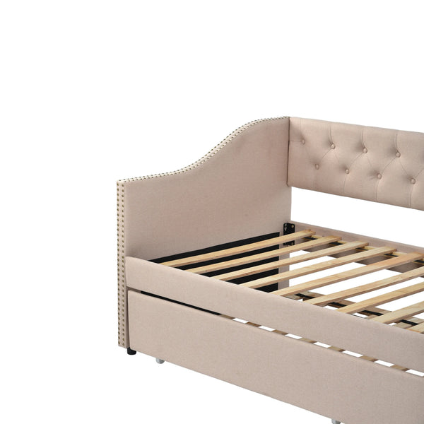 Sofa lit ELVO en lin avec lit tiroir déployé et accoudoirs décoratifs