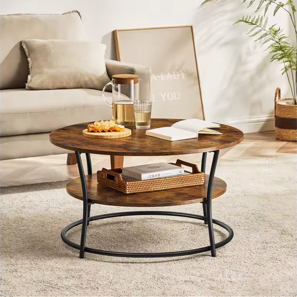 Table basse PALS ronde en bois avec étagère métal - Mise en scène dans un salon style industriel