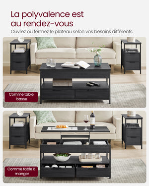 Table basse VAGLE utilisée comme bureau ou table à manger grâce à son plateau relevable et ses rangements pratiques