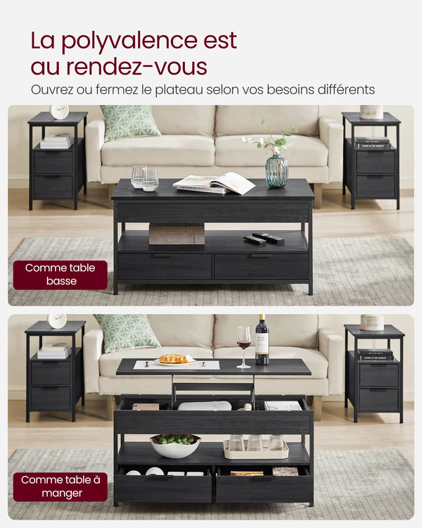 Table basse VAGLE utilisée comme bureau ou table à manger grâce à son plateau relevable et ses rangements pratiques