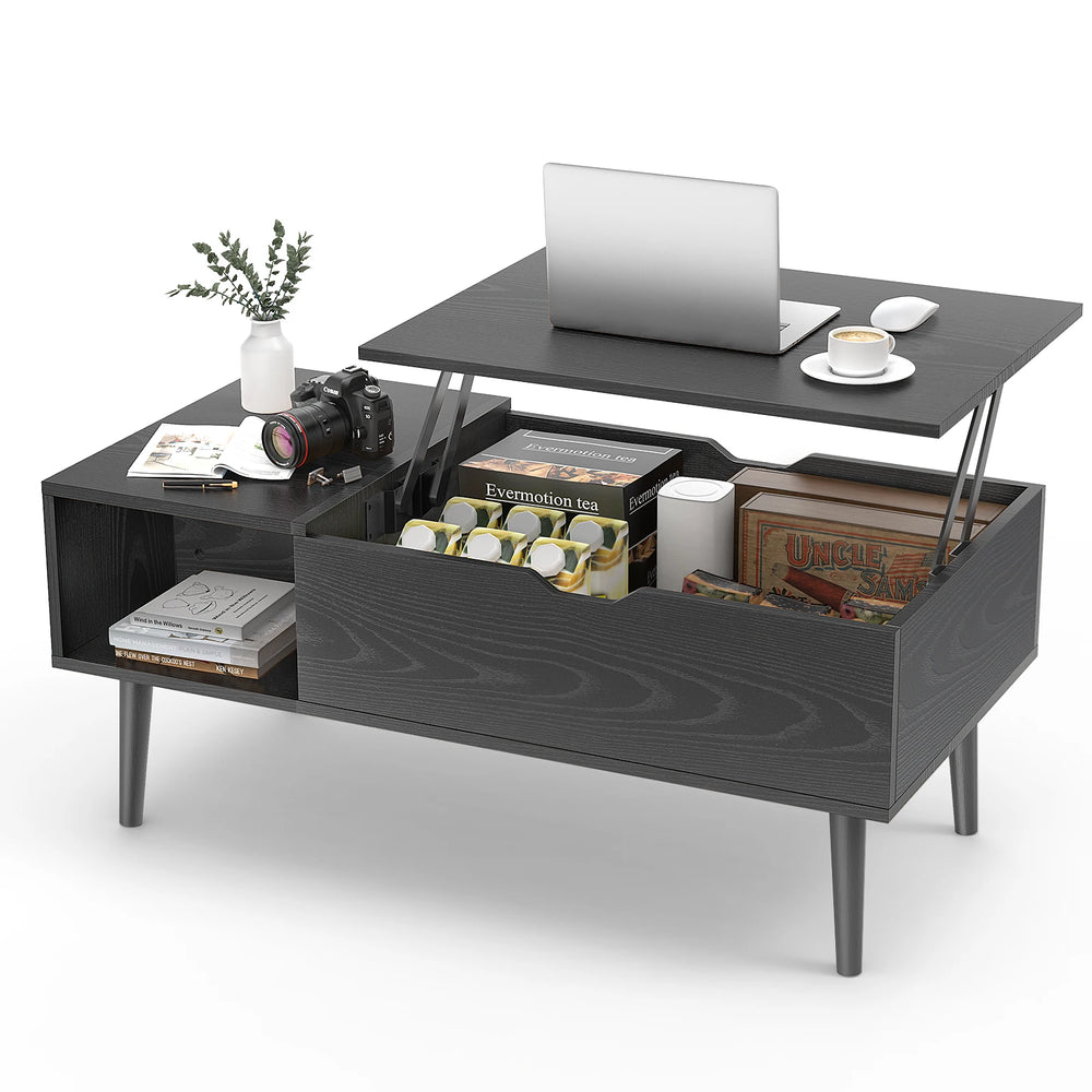 Table basse noire avec plateau relevable et espace de rangement intégré, design moderne en bois