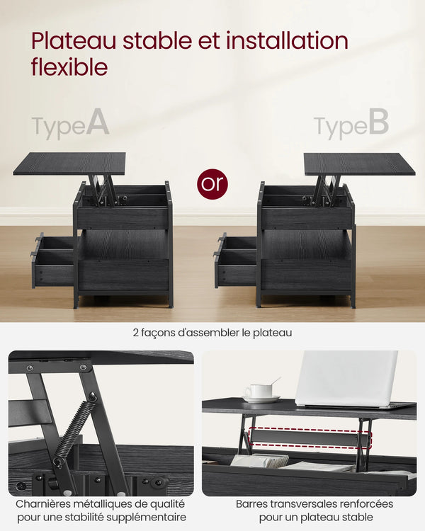 Table basse noire avec plateau relevable stable et installation flexible, idéale pour les petits espaces.