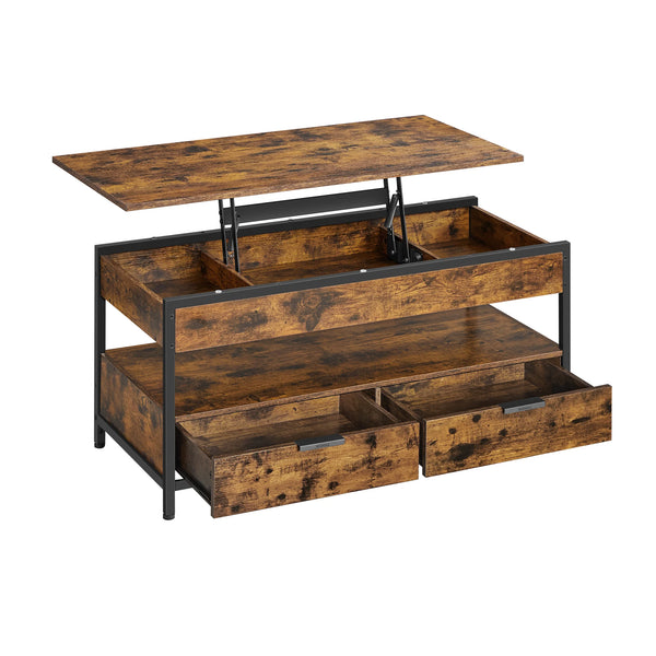 Table basse relevable en bois rustique avec compartiment de rangement ouvert
