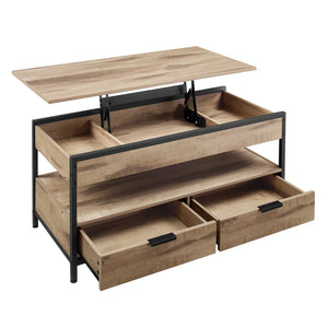 Table basse relevable noire avec plateau finition bois brun clair et rangements intégrés