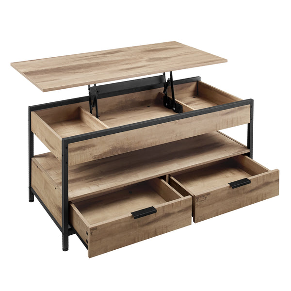 Table basse relevable noire avec plateau finition bois brun clair et rangements intégrés