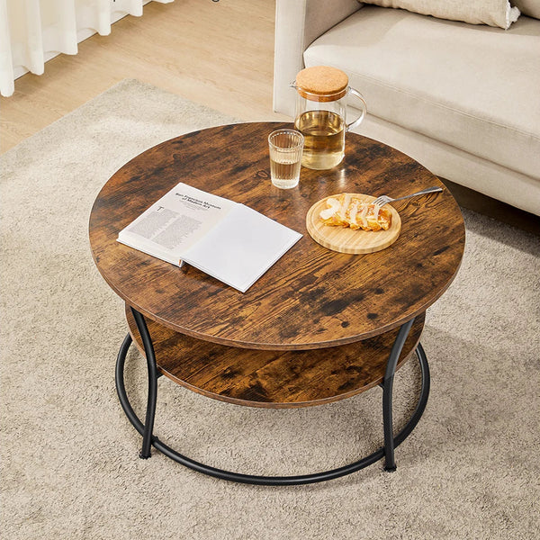 Vue du dessus de la table basse PALS dans un salon - Plateau rond bois rustique et structure métal
