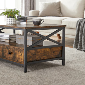 Zoom sur la finition bois rustique et la structure métallique en X de la table WERO – Détail du design industriel