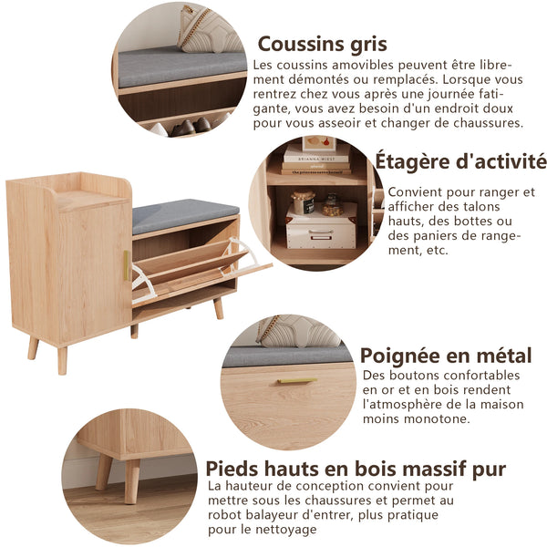 banc à chaussures NOVA 100 cm avec tiroir pliant et étagères ajustables