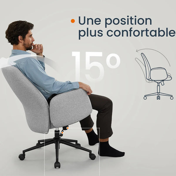 chaise de bureau grise inclinable avec assise large et dossier haut