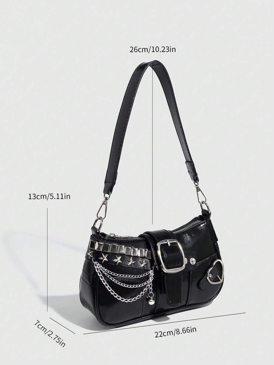 dimension Sac à bandoulière avec chaine et motif en argenté noir