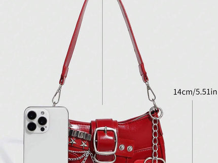 dimension Sac à bandoulière avec chaine et motif en argenté rouge uni avec cerise 