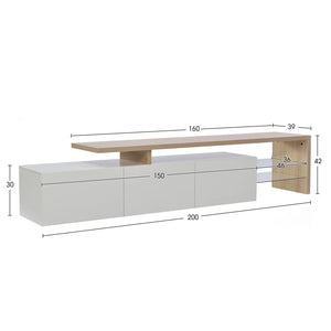 dimension meuble TV ORION 200 cm style moderne avec rangements et déco