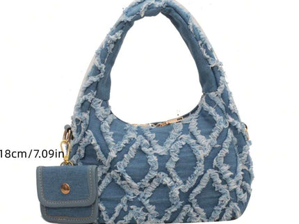 dimension sac bleu brodee effilochee en jeans 